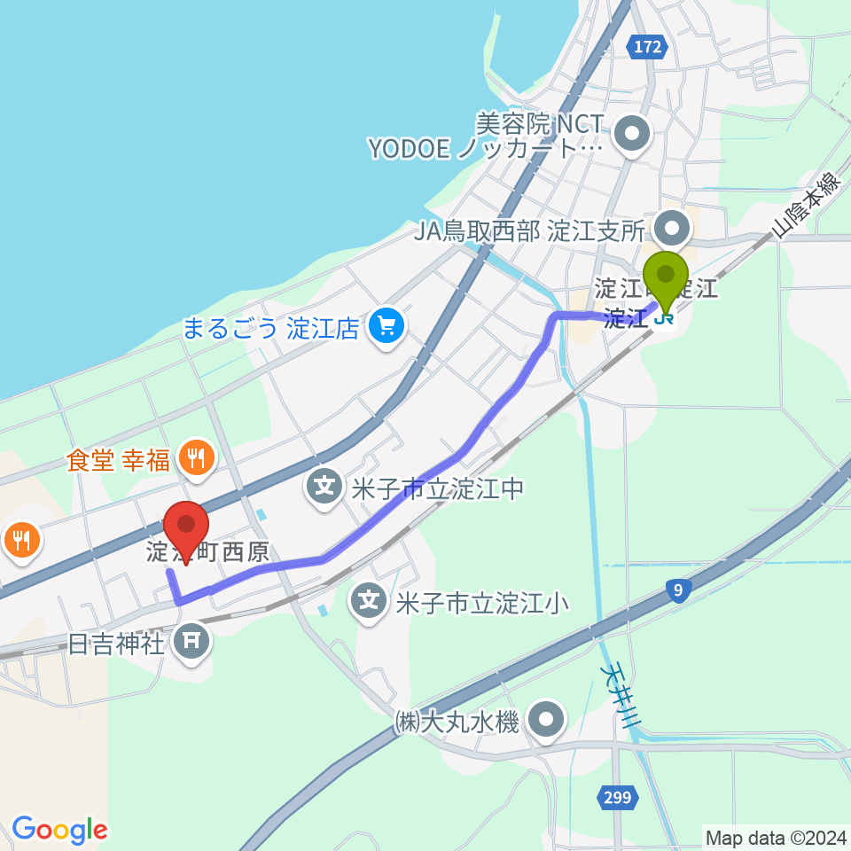 米子市淀江文化センター(さなめホール)の最寄駅淀江駅からの徒歩ルート（約20分）地図