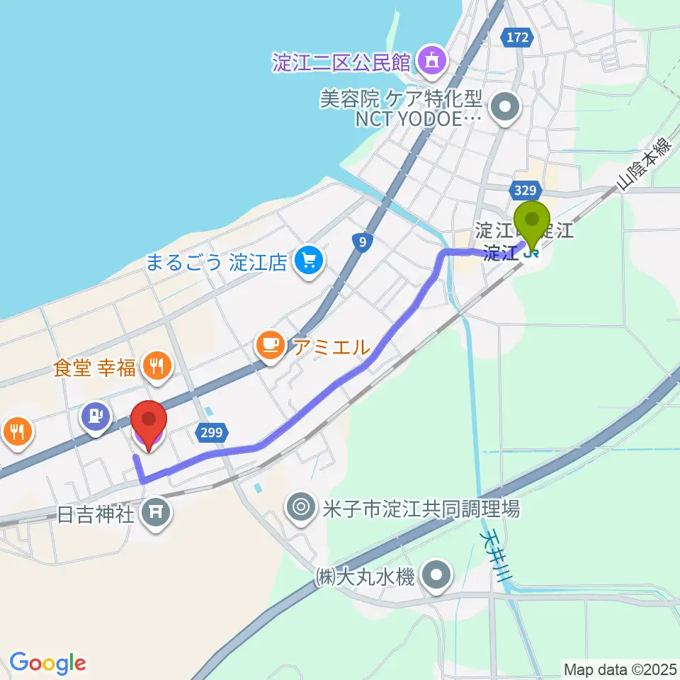 米子市淀江文化センター(さなめホール)の最寄駅淀江駅からの徒歩ルート（約20分）地図