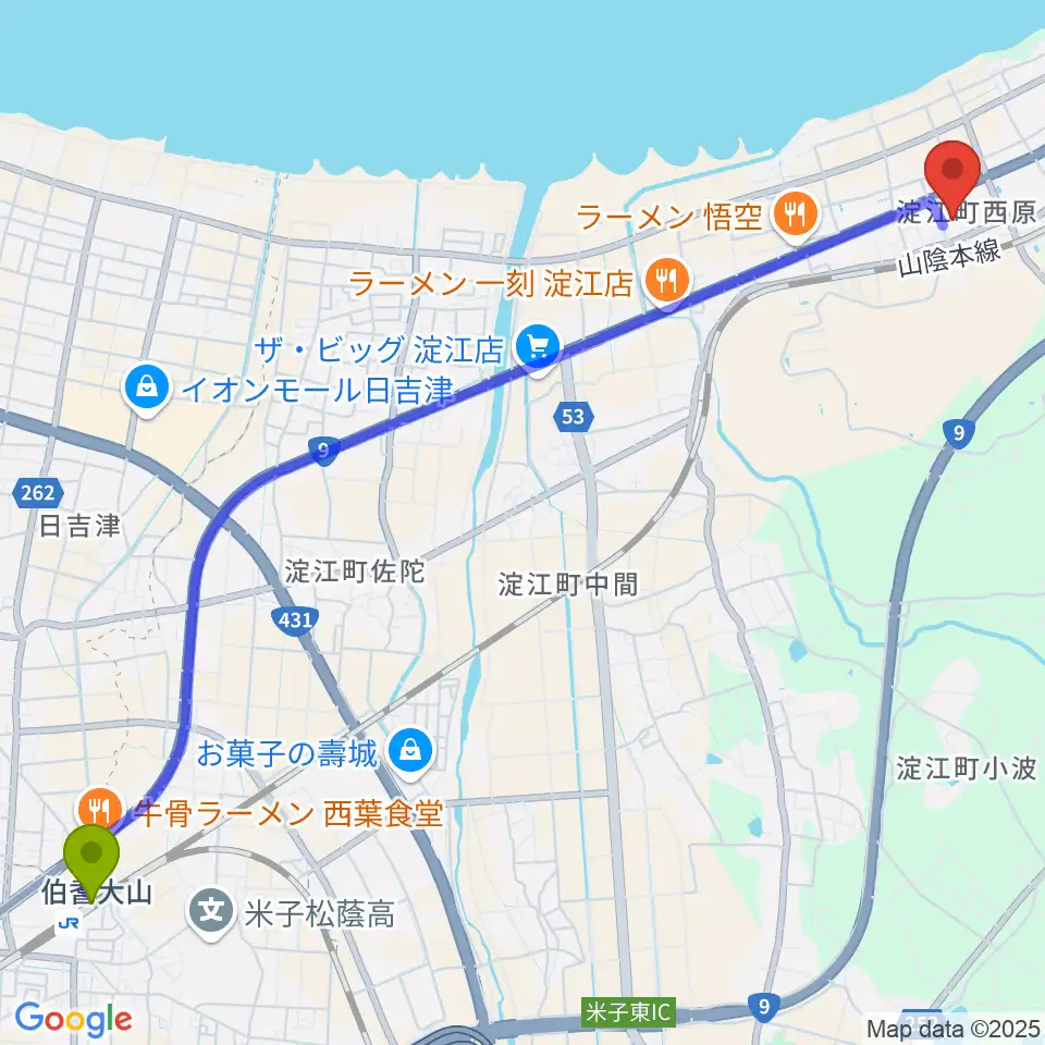 伯耆大山駅から米子市淀江文化センター(さなめホール)へのルートマップ地図