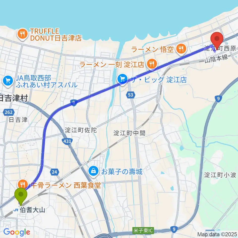 伯耆大山駅から米子市淀江文化センター(さなめホール)へのルートマップ地図