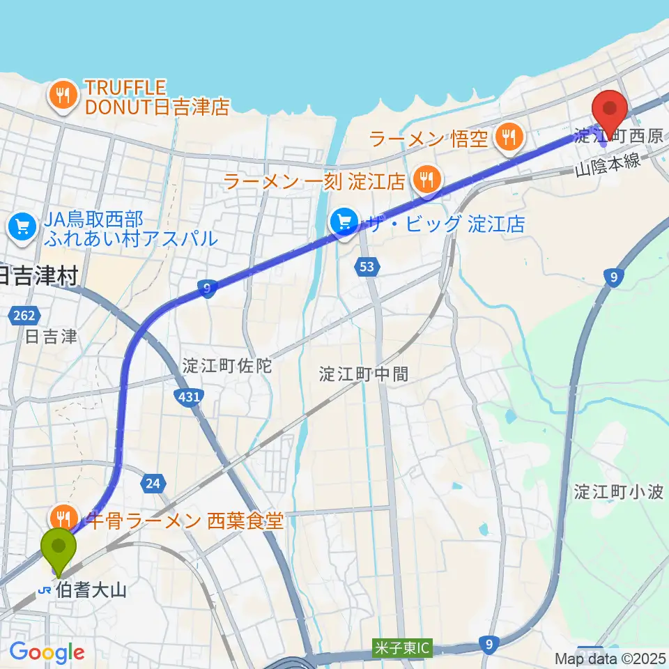 伯耆大山駅から米子市淀江文化センター(さなめホール)へのルートマップ地図