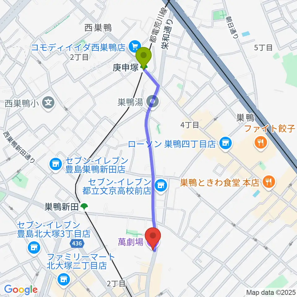 庚申塚駅から萬劇場へのルートマップ地図