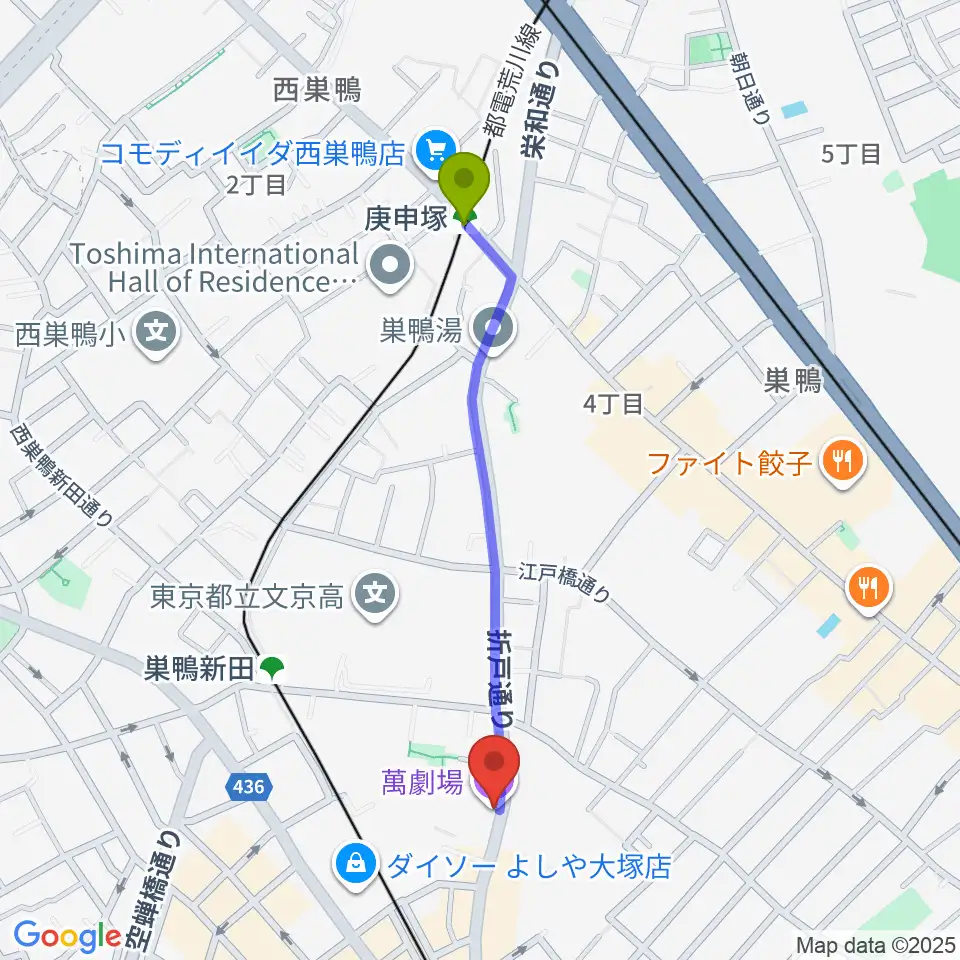 庚申塚駅から萬劇場へのルートマップ地図