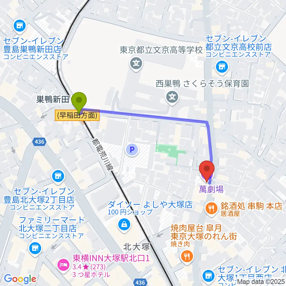 萬劇場の最寄駅巣鴨新田駅からの徒歩ルート（約4分）地図