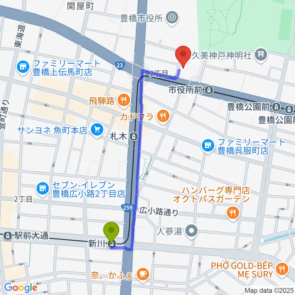 新川駅から豊橋市公会堂へのルートマップ地図