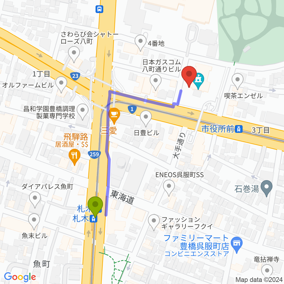 札木駅から豊橋市公会堂へのルートマップ地図