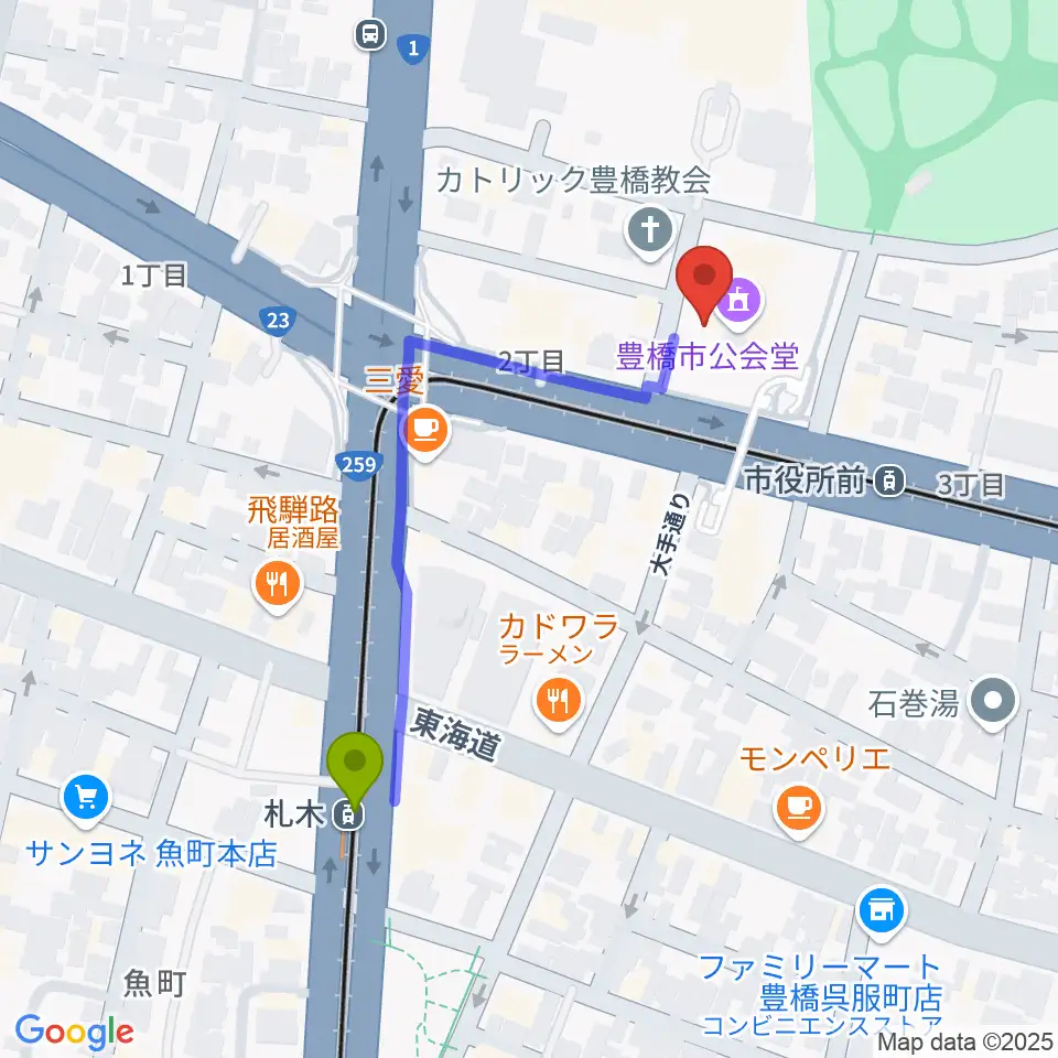 札木駅から豊橋市公会堂へのルートマップ地図