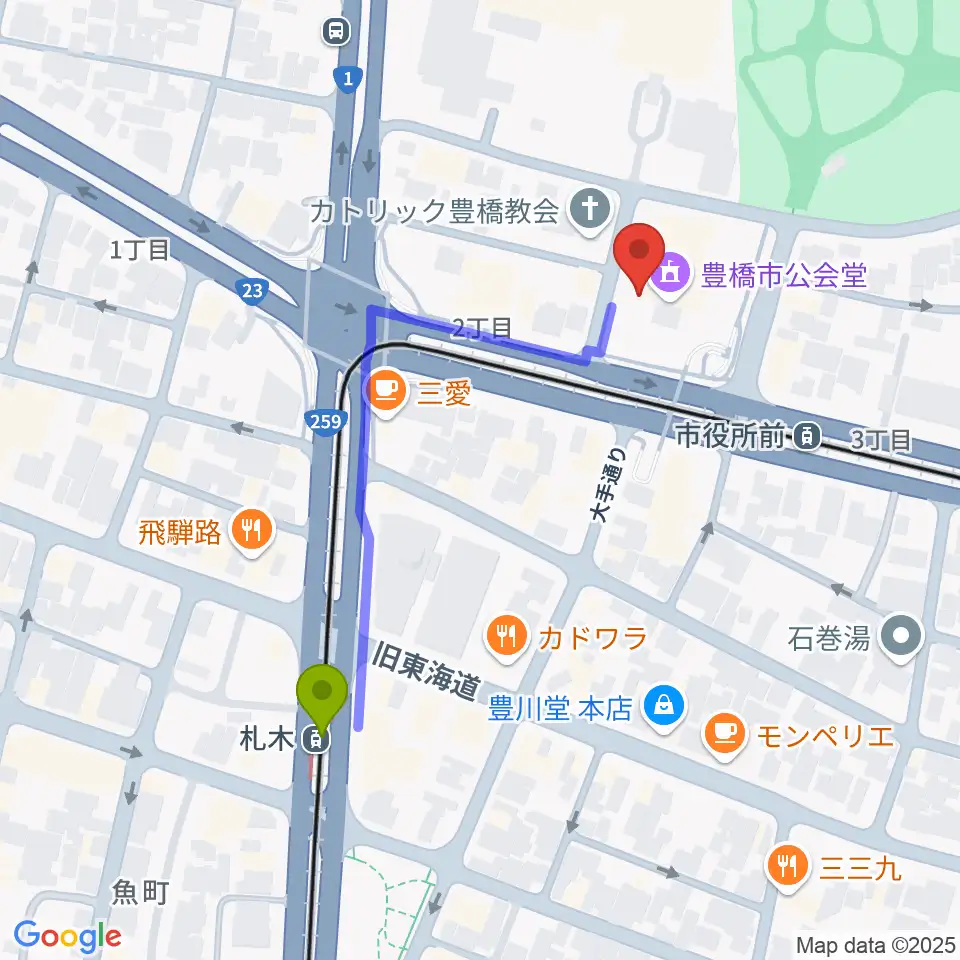 札木駅から豊橋市公会堂へのルートマップ地図