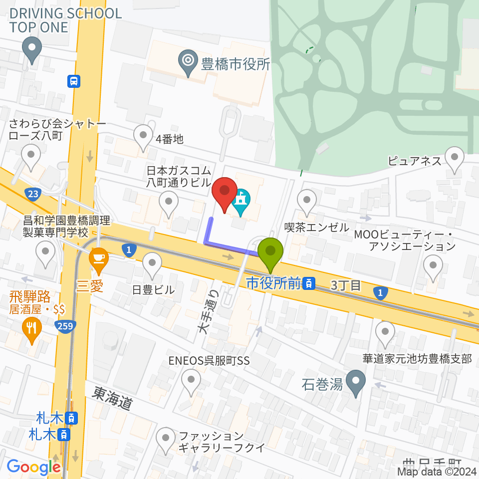 豊橋市公会堂の最寄駅市役所前駅からの徒歩ルート（約1分）地図
