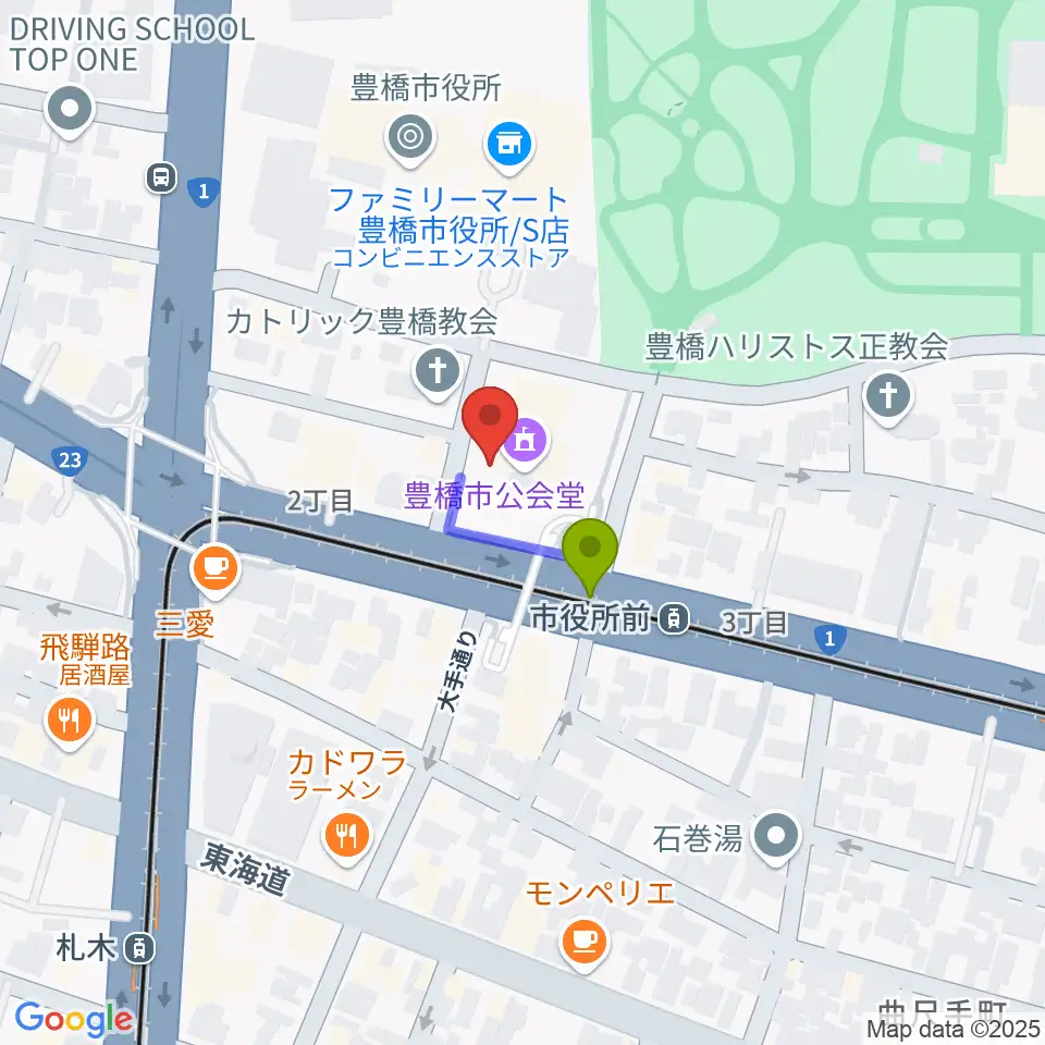 豊橋市公会堂の最寄駅市役所前駅からの徒歩ルート（約1分）地図