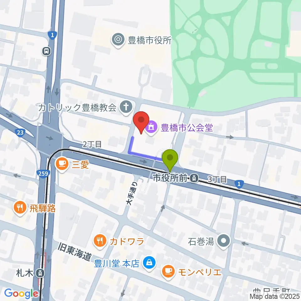 豊橋市公会堂の最寄駅市役所前駅からの徒歩ルート（約1分）地図