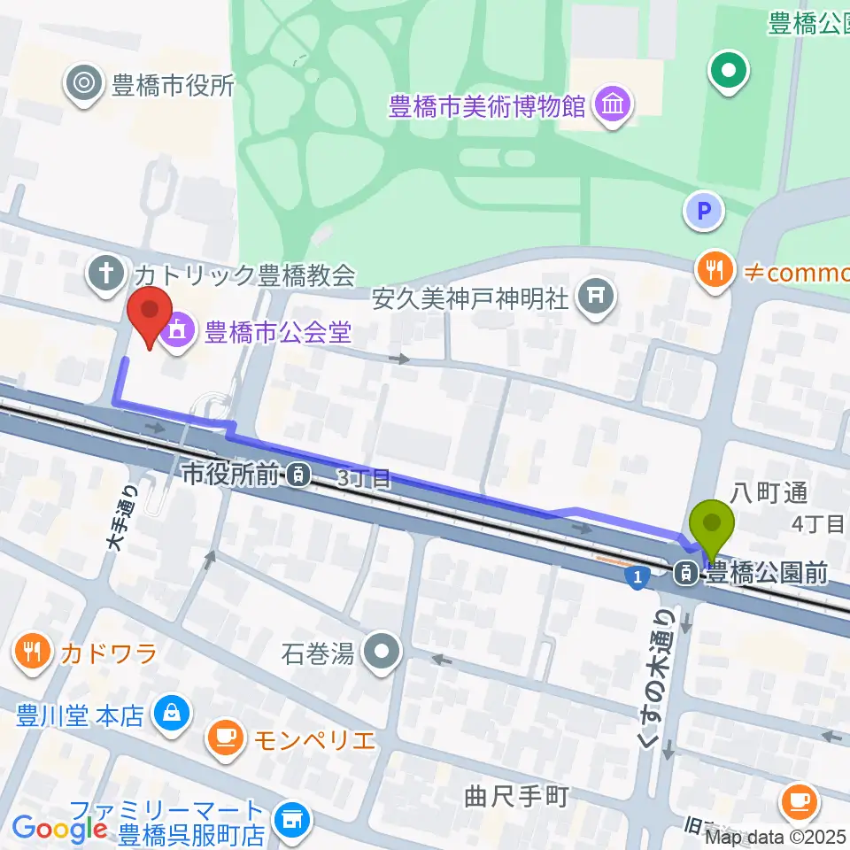 豊橋公園前駅から豊橋市公会堂へのルートマップ地図