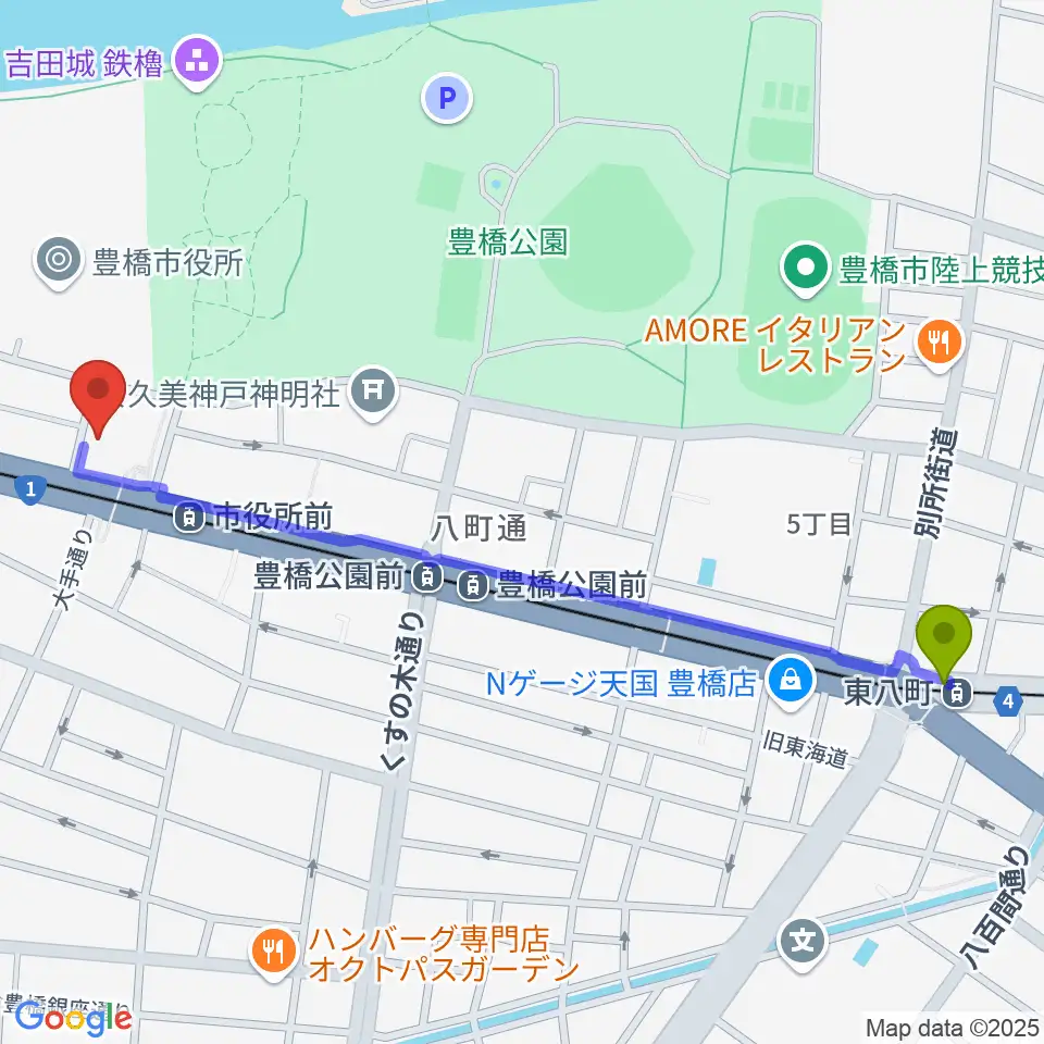東八町駅から豊橋市公会堂へのルートマップ地図
