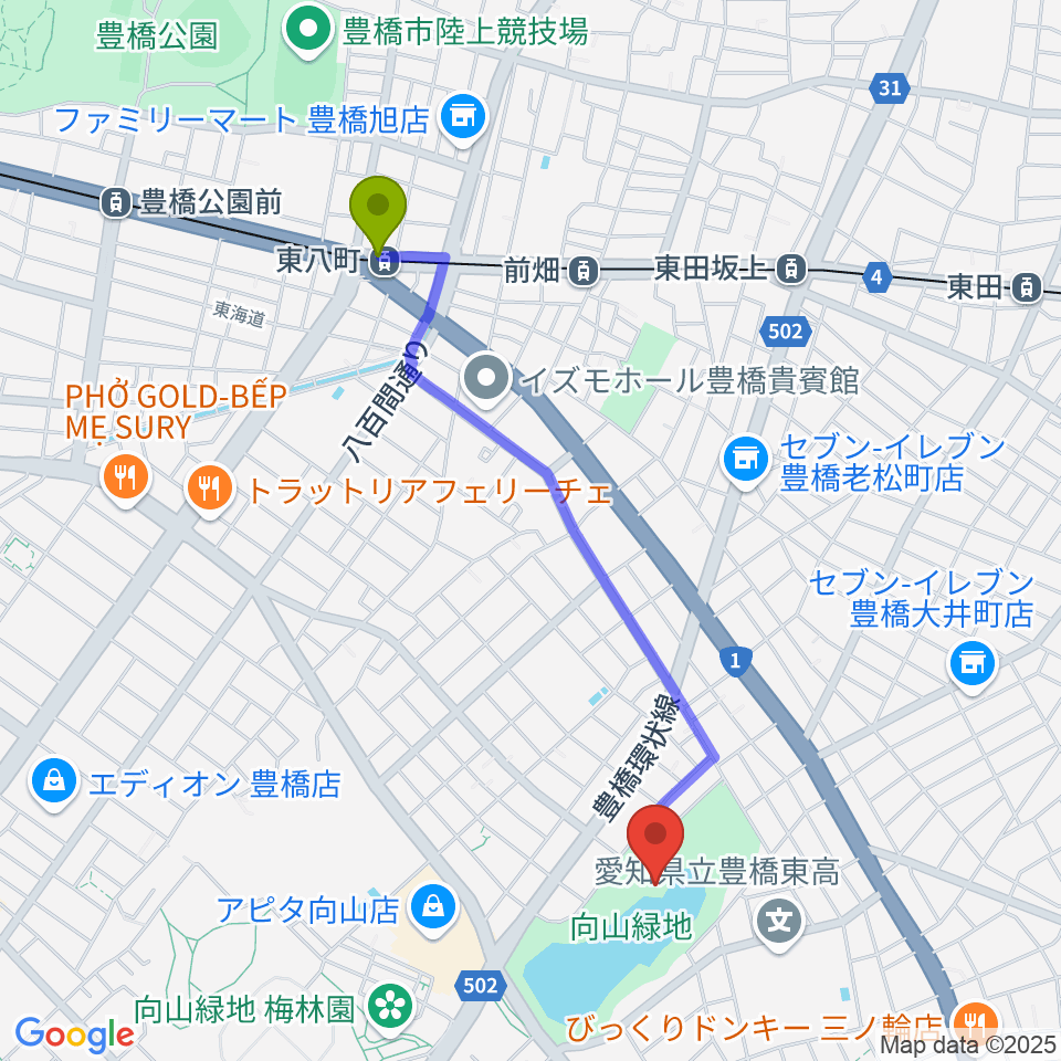 東八町駅から豊橋市民文化会館へのルートマップ地図