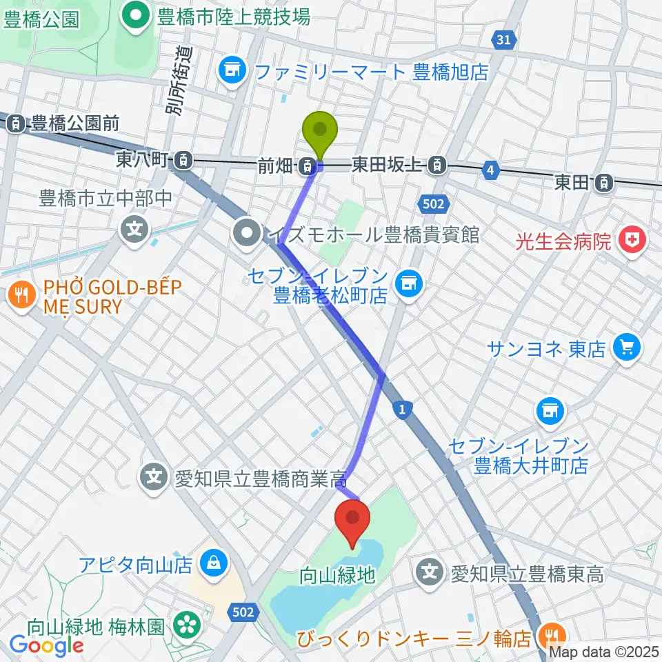 豊橋市民文化会館の最寄駅前畑駅からの徒歩ルート（約18分）地図