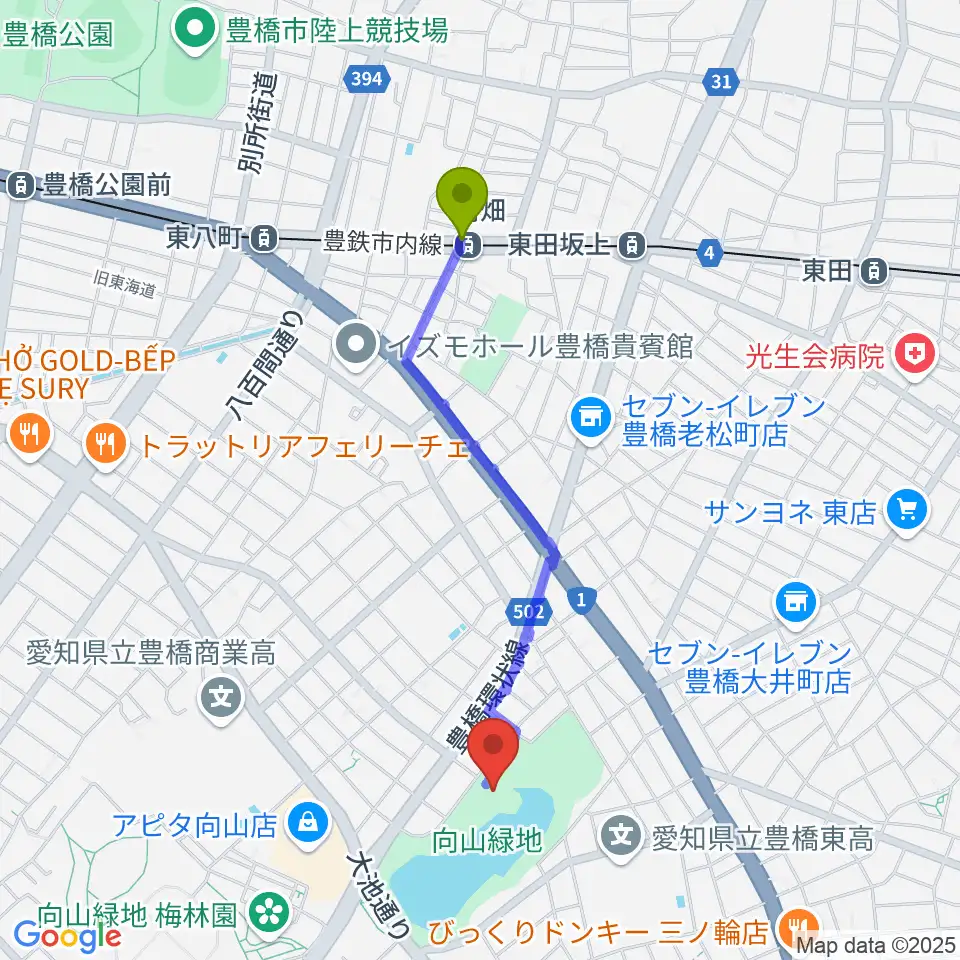 豊橋市民文化会館の最寄駅前畑駅からの徒歩ルート（約18分）地図
