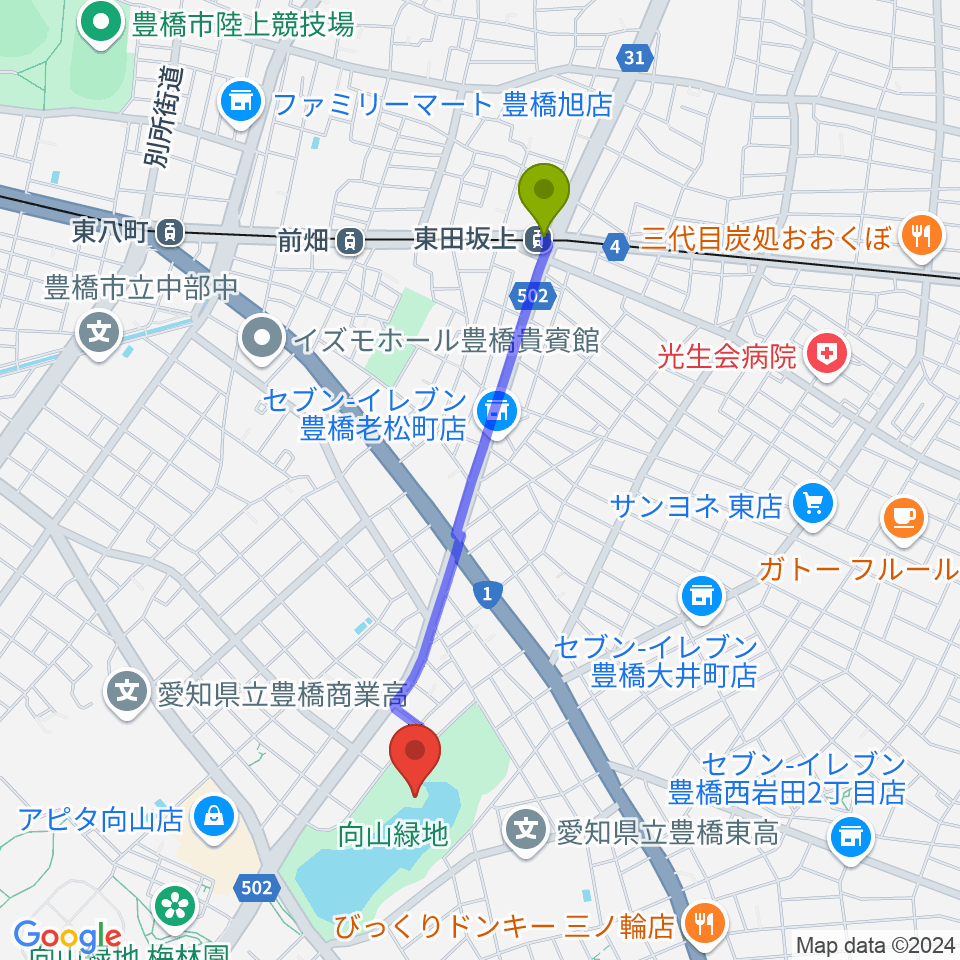 東田坂上駅から豊橋市民文化会館へのルートマップ地図