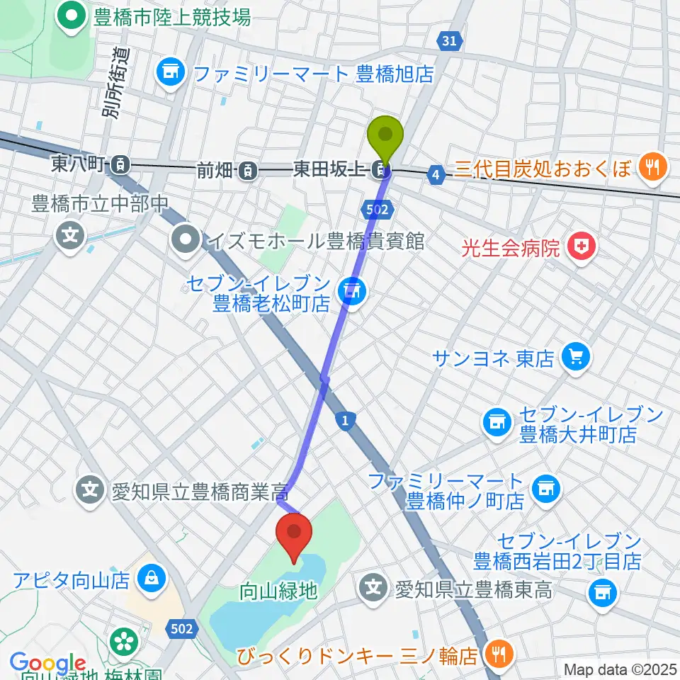 東田坂上駅から豊橋市民文化会館へのルートマップ地図