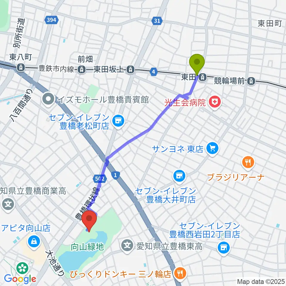 東田駅から豊橋市民文化会館へのルートマップ地図