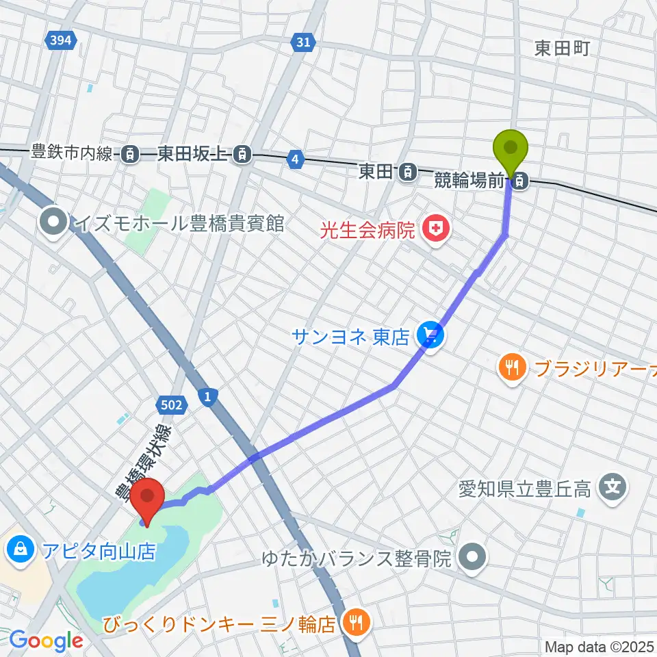 競輪場前駅から豊橋市民文化会館へのルートマップ地図