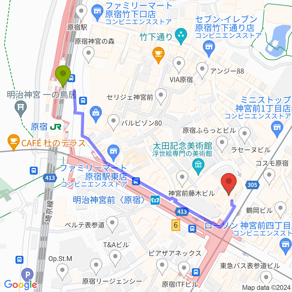 ラフォーレミュージアム原宿の最寄駅原宿駅からの徒歩ルート（約5分）地図