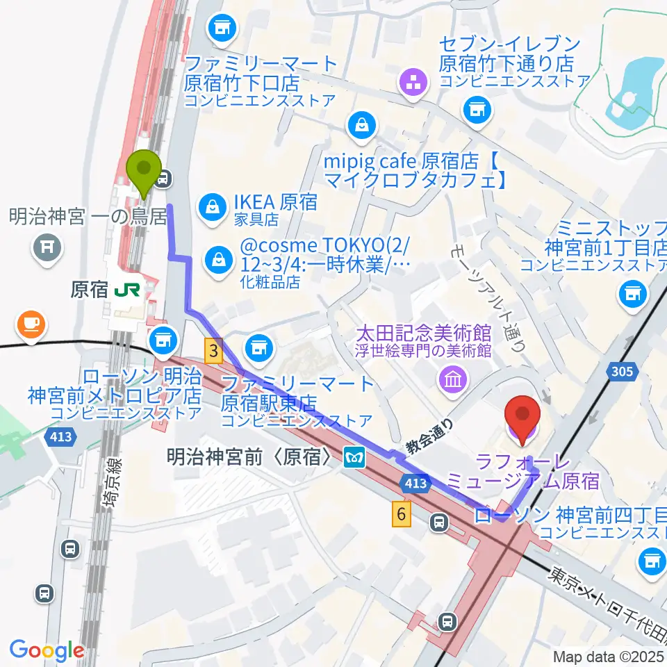 ラフォーレミュージアム原宿の最寄駅原宿駅からの徒歩ルート（約5分）地図