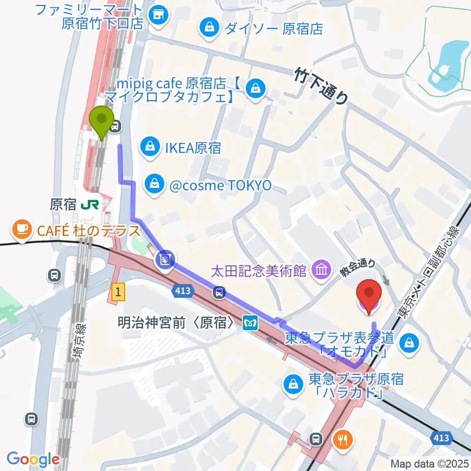 ラフォーレミュージアム原宿の最寄駅原宿駅からの徒歩ルート（約5分）地図