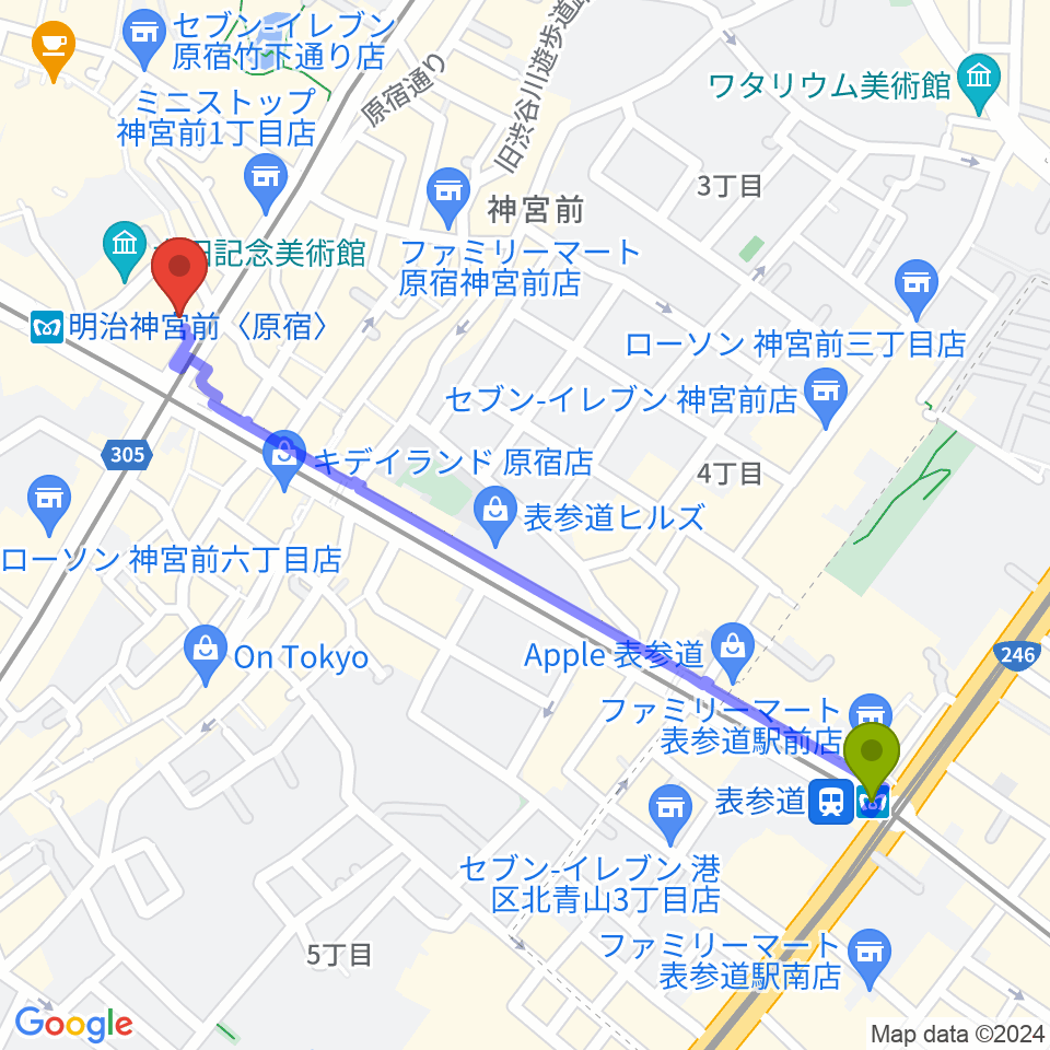 表参道駅からラフォーレミュージアム原宿へのルートマップ地図