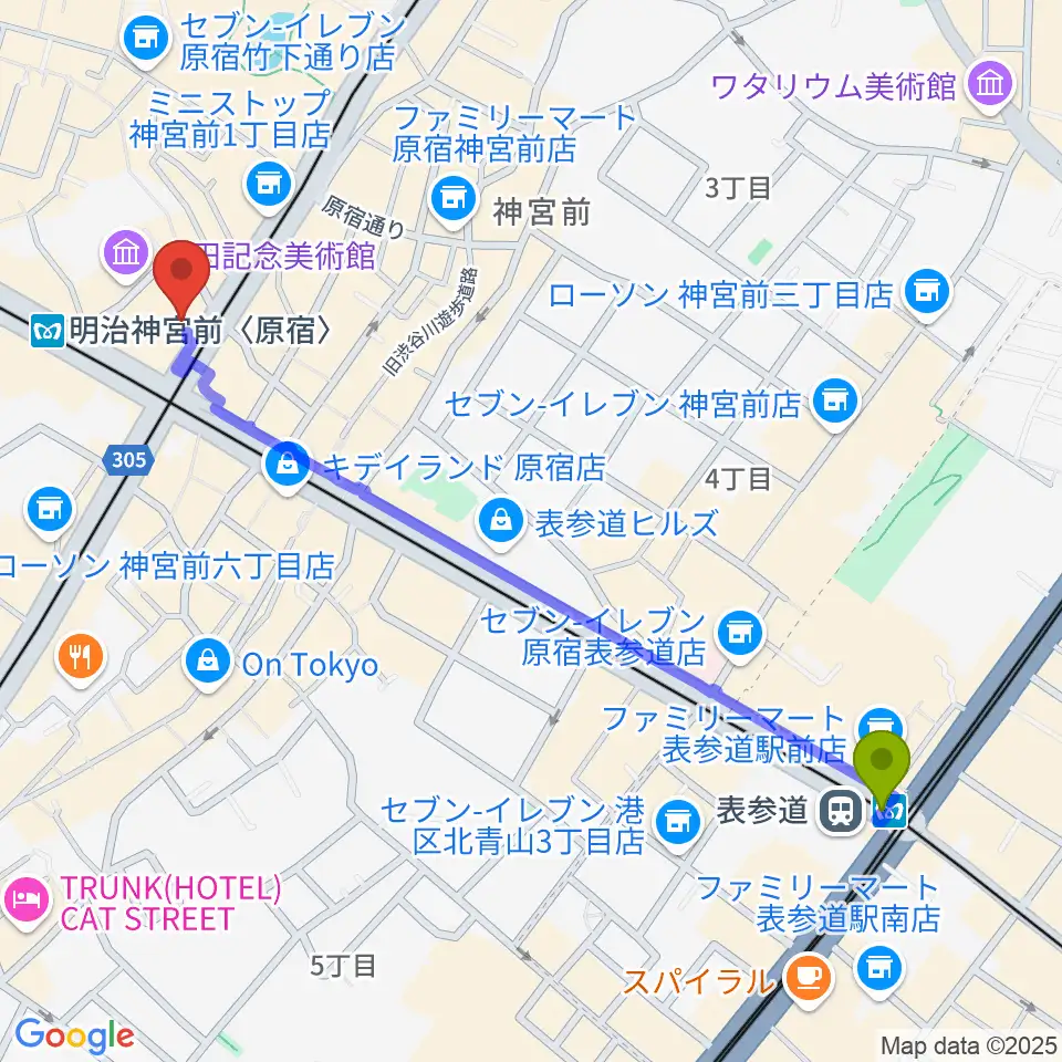 表参道駅からラフォーレミュージアム原宿へのルートマップ地図