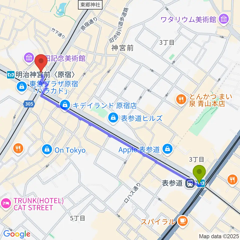 表参道駅からラフォーレミュージアム原宿へのルートマップ地図