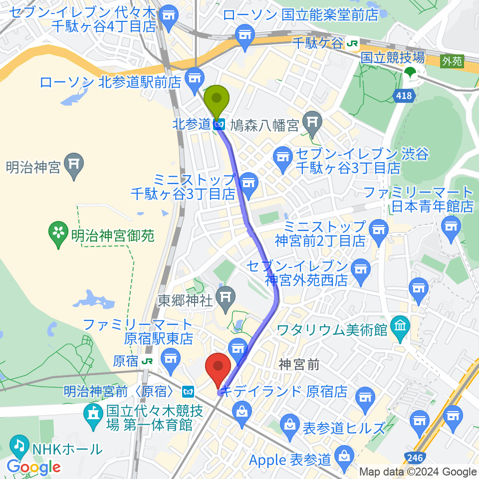 北参道駅からラフォーレミュージアム原宿へのルートマップ地図