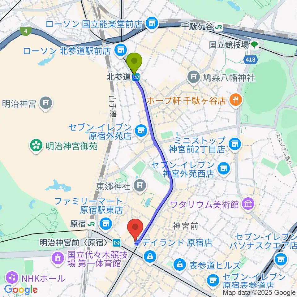 北参道駅からラフォーレミュージアム原宿へのルートマップ地図