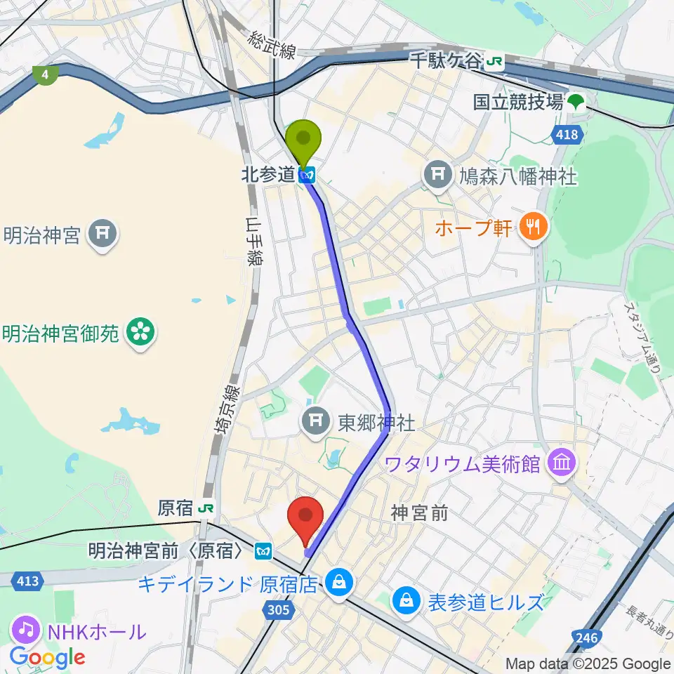 北参道駅からラフォーレミュージアム原宿へのルートマップ地図