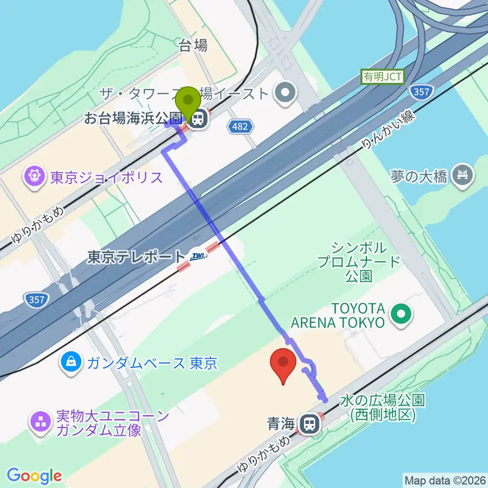 お台場海浜公園駅からお台場パレットプラザへのルートマップ Mdata