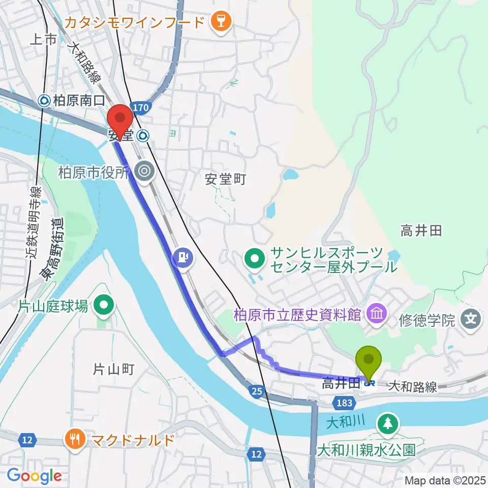 高井田駅からリビエールホール 柏原市民文化会館へのルートマップ地図