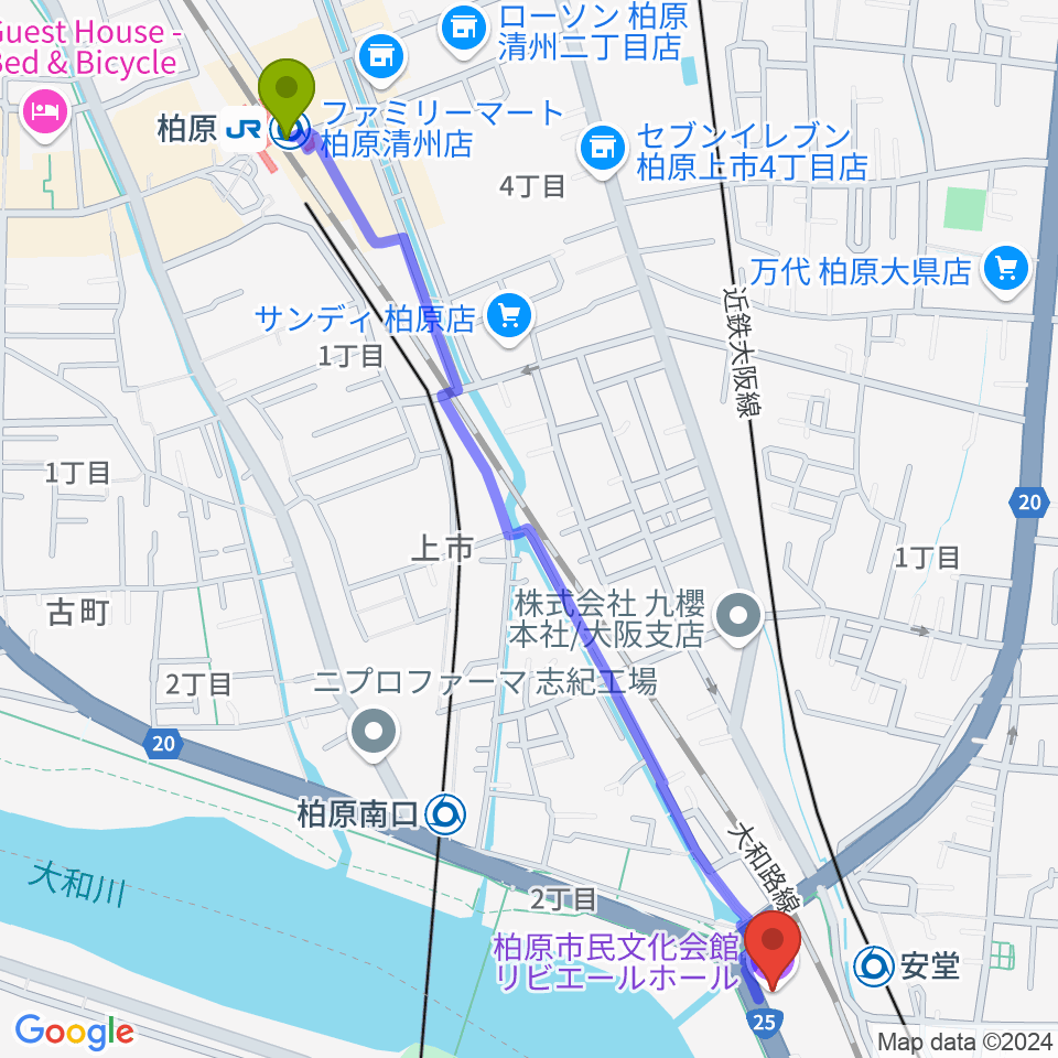 柏原駅からリビエールホール 柏原市民文化会館へのルートマップ地図