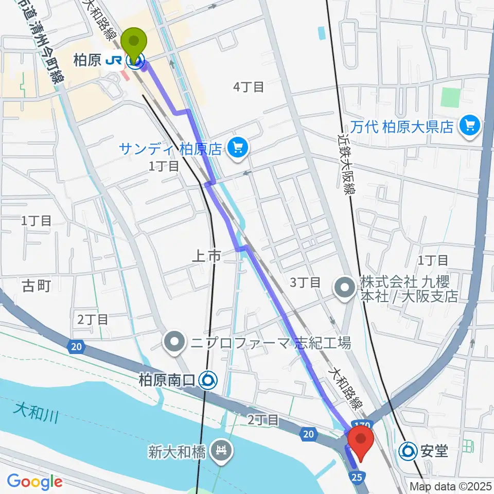 柏原駅からリビエールホール 柏原市民文化会館へのルートマップ地図