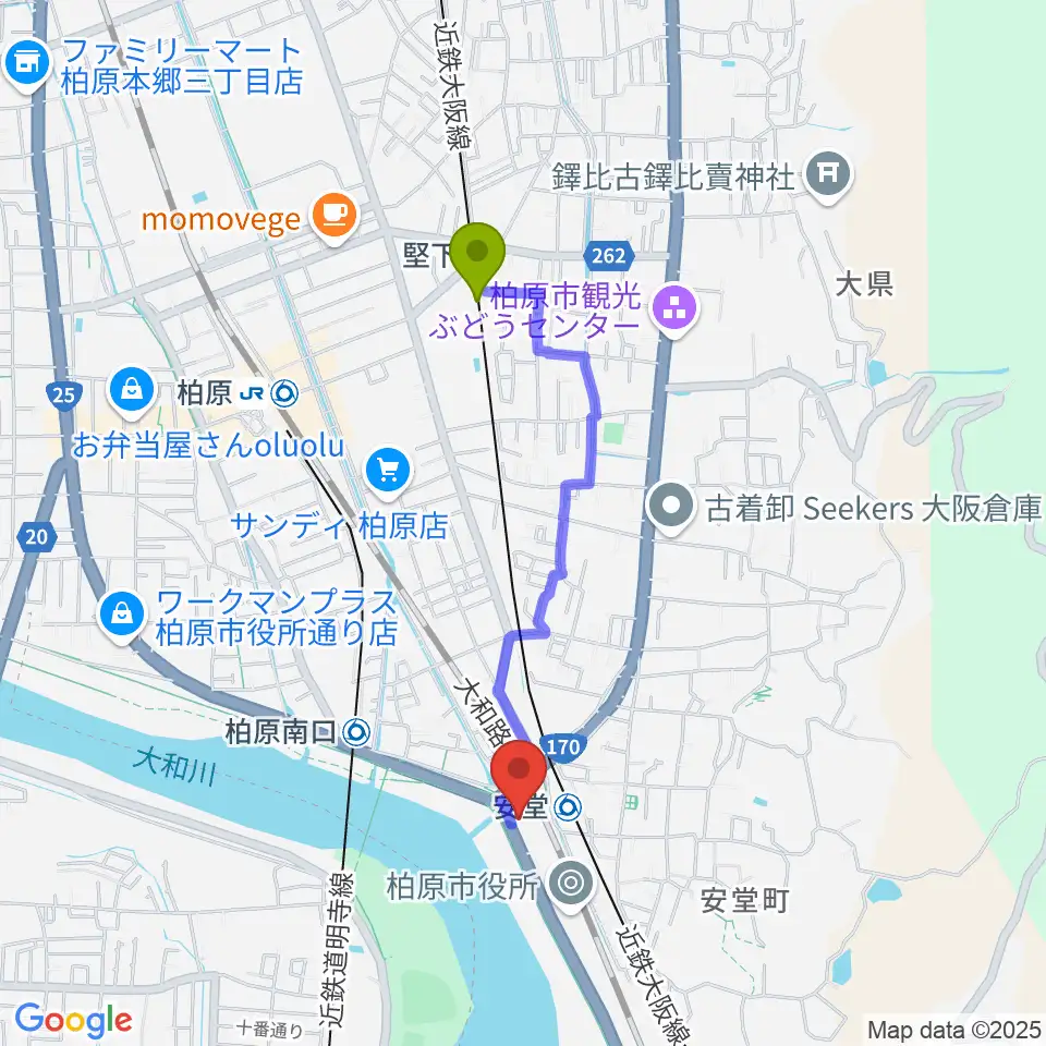 堅下駅からリビエールホール 柏原市民文化会館へのルートマップ地図