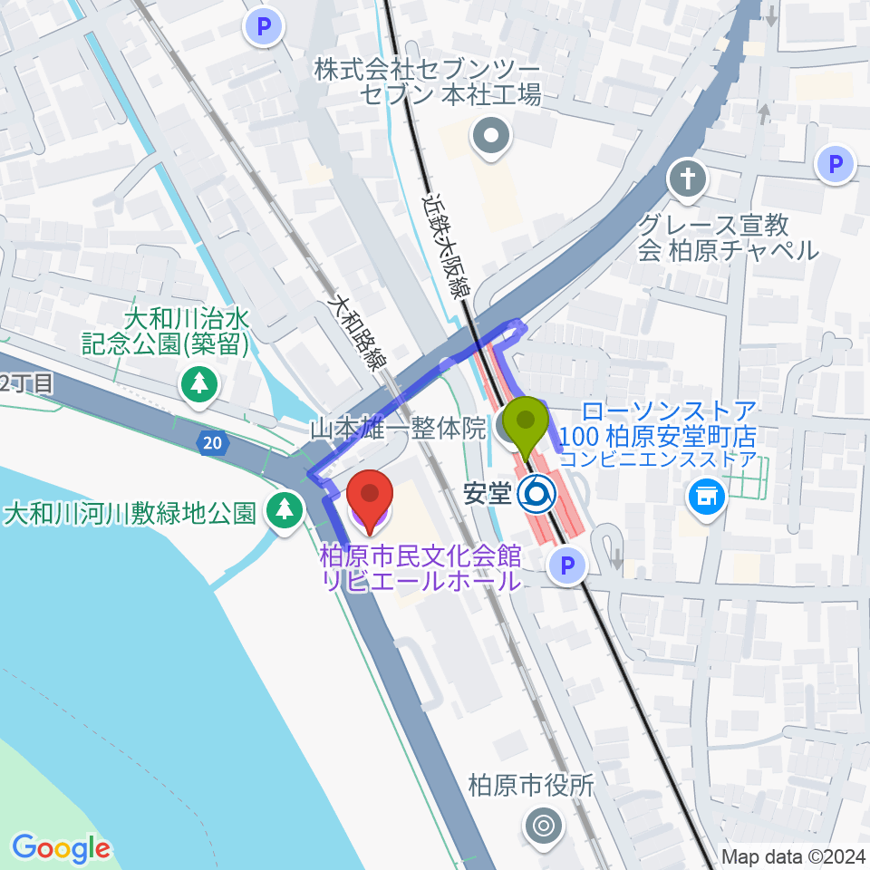 リビエールホール 柏原市民文化会館の最寄駅安堂駅からの徒歩ルート（約2分）地図