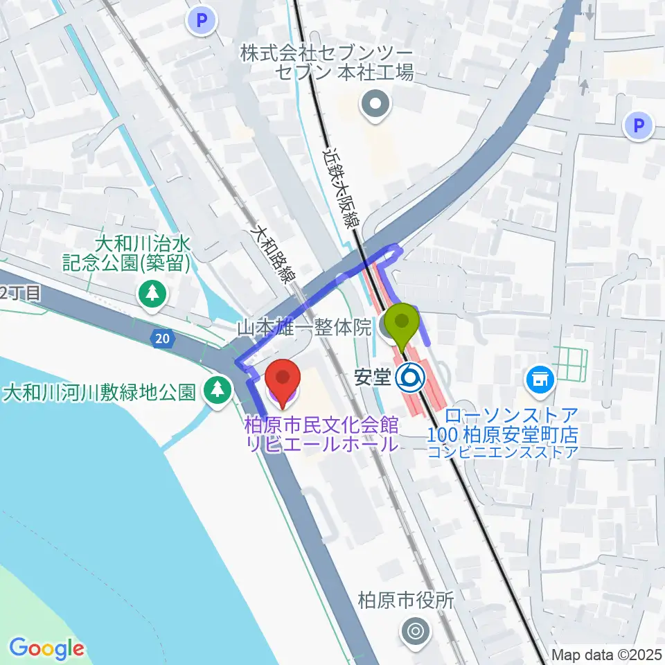 リビエールホール 柏原市民文化会館の最寄駅安堂駅からの徒歩ルート（約2分）地図