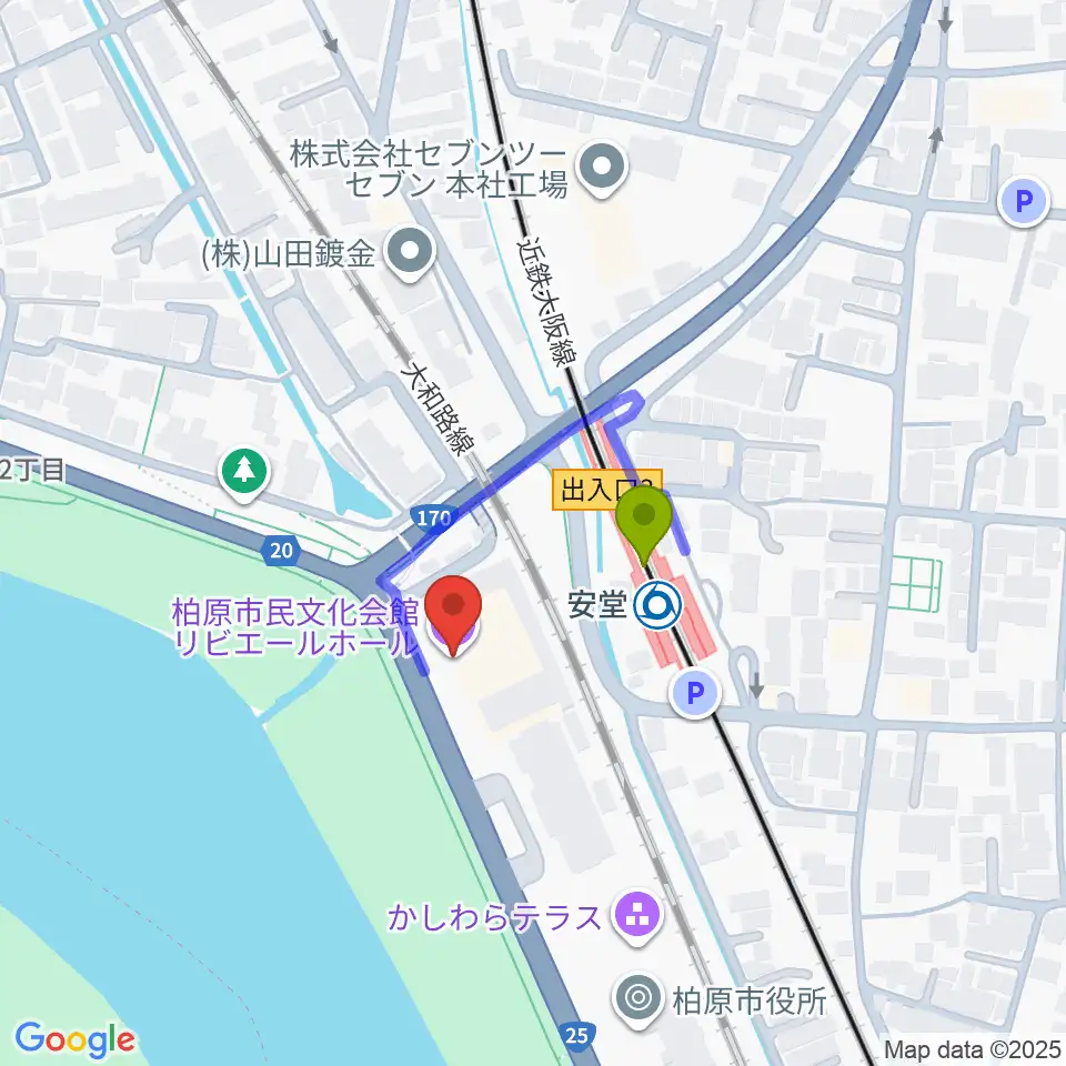 リビエールホール 柏原市民文化会館の最寄駅安堂駅からの徒歩ルート（約2分）地図