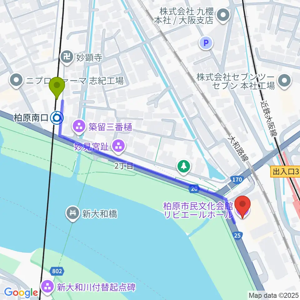 柏原南口駅からリビエールホール 柏原市民文化会館へのルートマップ地図