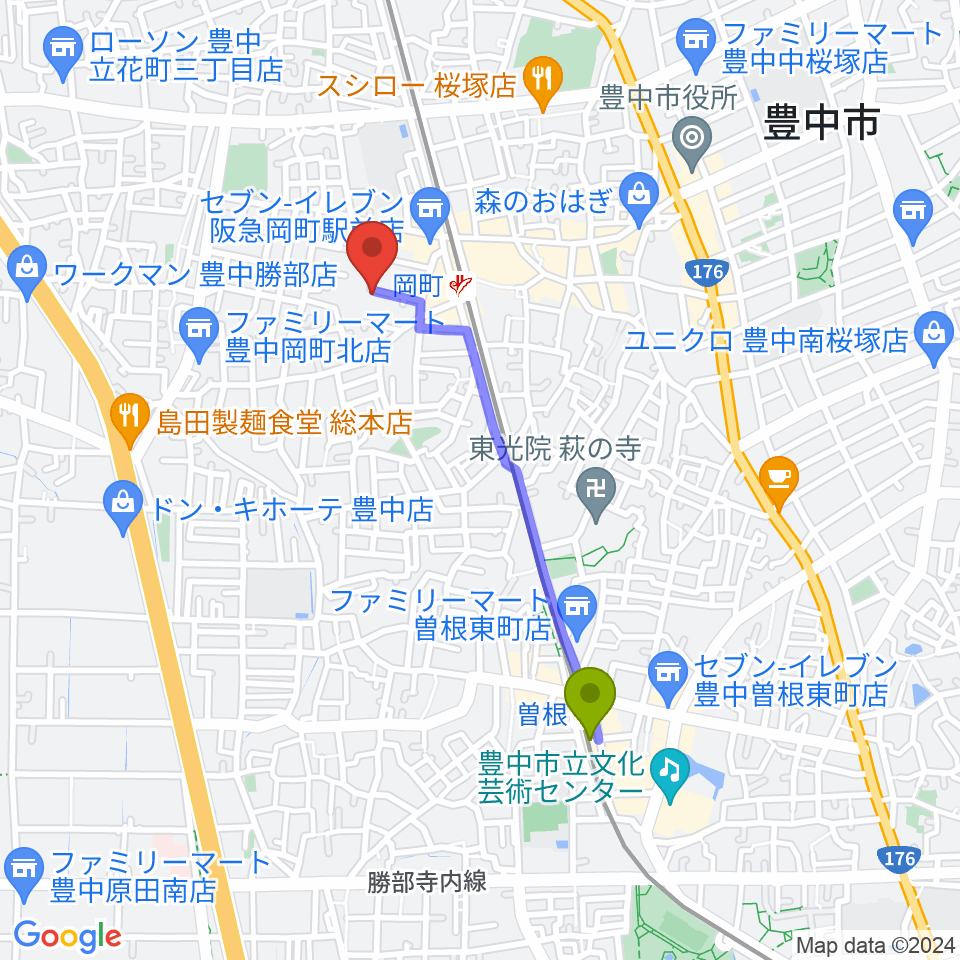 曽根駅から豊中市立伝統芸能館へのルートマップ地図