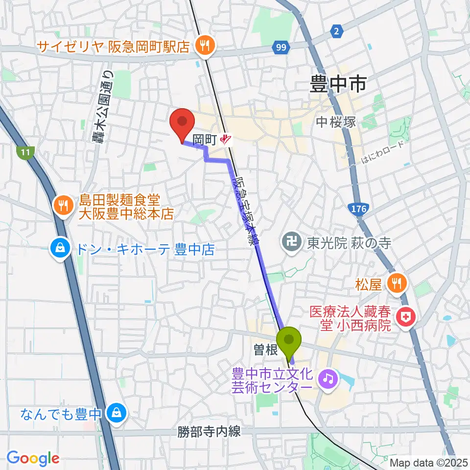 曽根駅から豊中市立伝統芸能館へのルートマップ地図