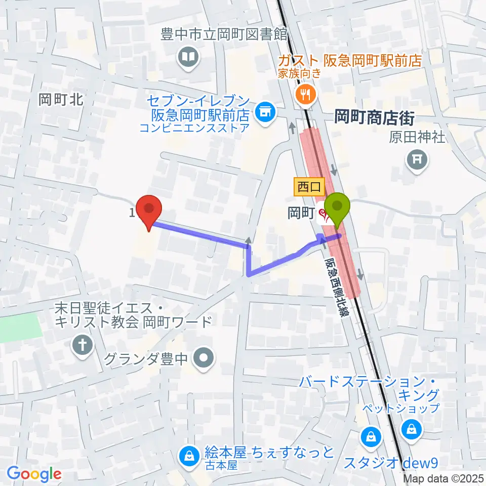 豊中市立伝統芸能館の最寄駅岡町駅からの徒歩ルート（約3分）地図