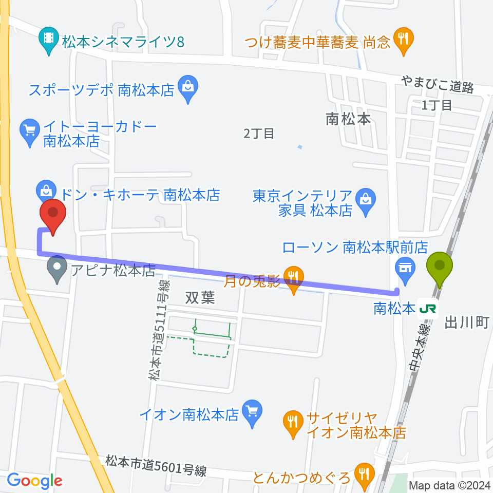 南松ホールの最寄駅南松本駅からの徒歩ルート（約12分）地図