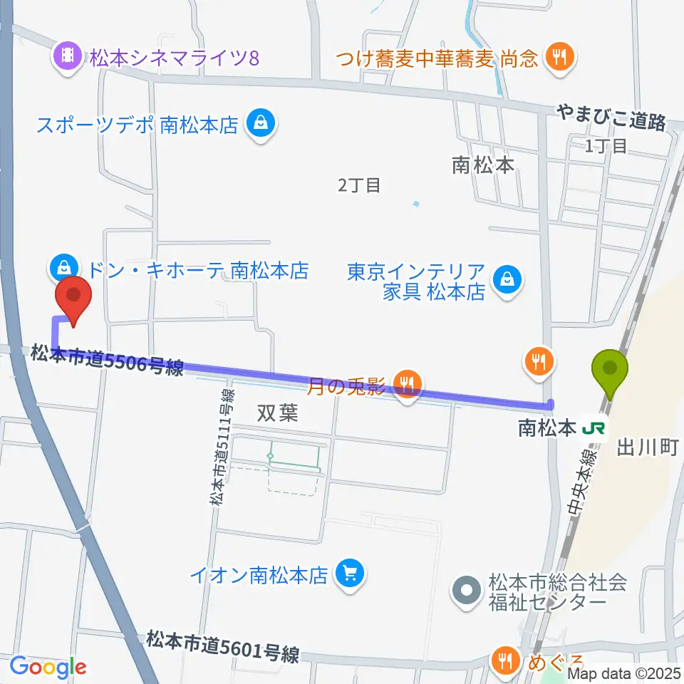 南松ホールの最寄駅南松本駅からの徒歩ルート（約12分）地図