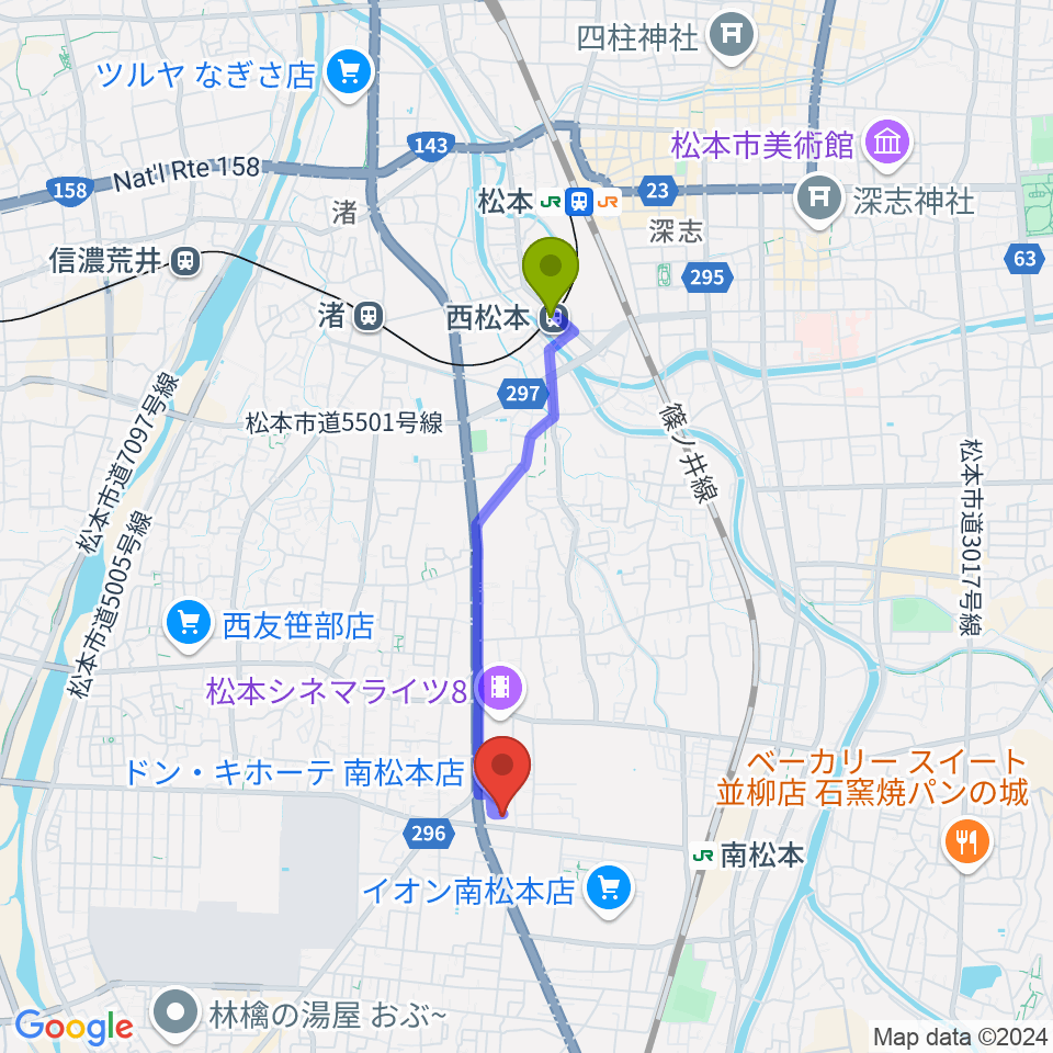 西松本駅から南松ホールへのルートマップ地図