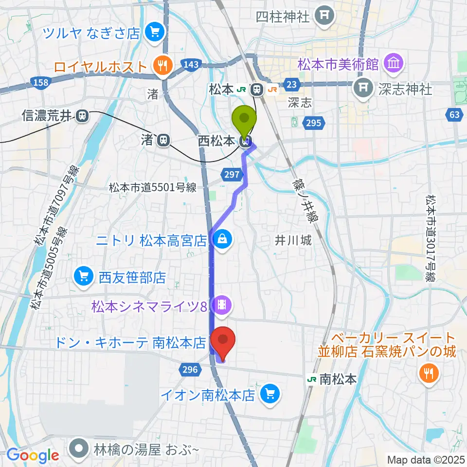 西松本駅から南松ホールへのルートマップ地図