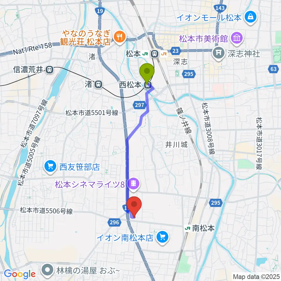 西松本駅から南松ホールへのルートマップ地図